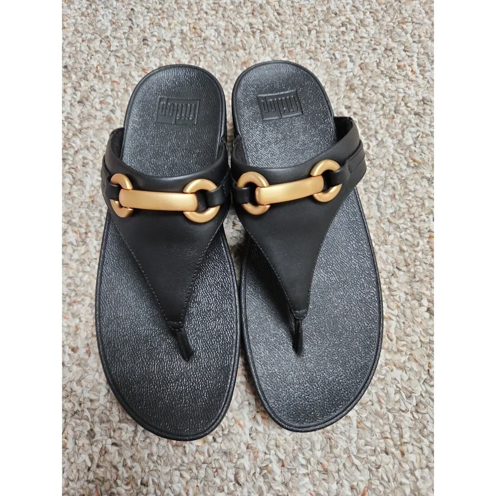 FitFlop Lulu Chunky Snaffle Leather Toe-Post Sandal Black US 10 New No‎ Box